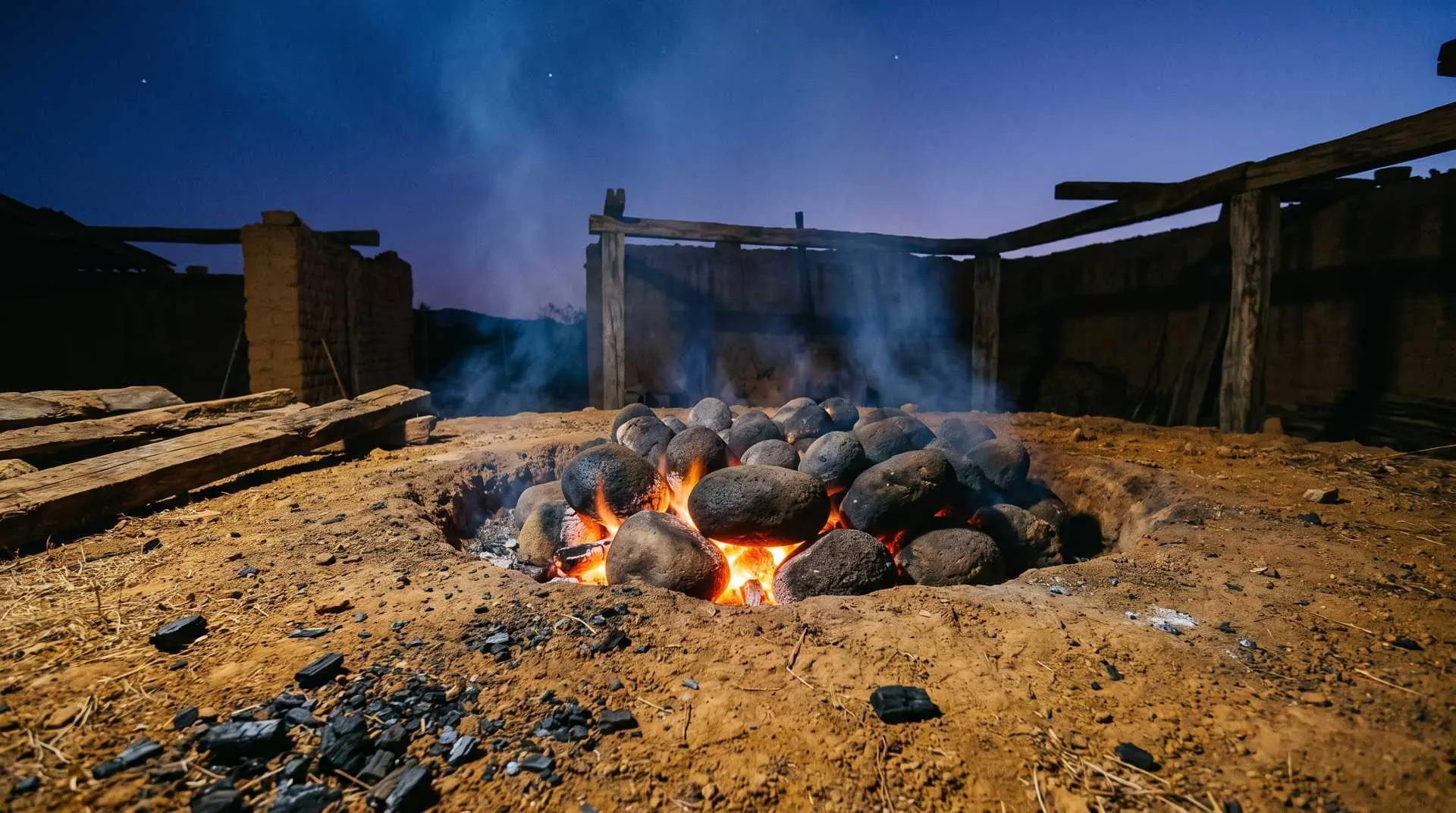 Un horno de tierra con piedras al rojo y humo, en un palenque al anochecer