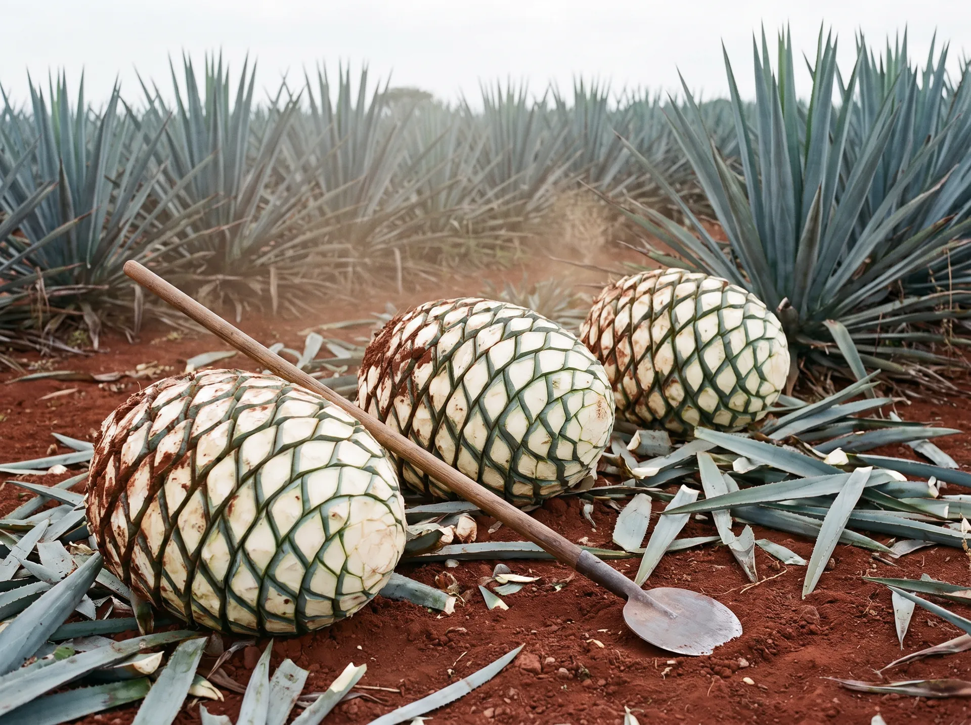 Piñas de agave azul maduras, jimadas a ras, sobre la tierra roja del campo junto a una coa
